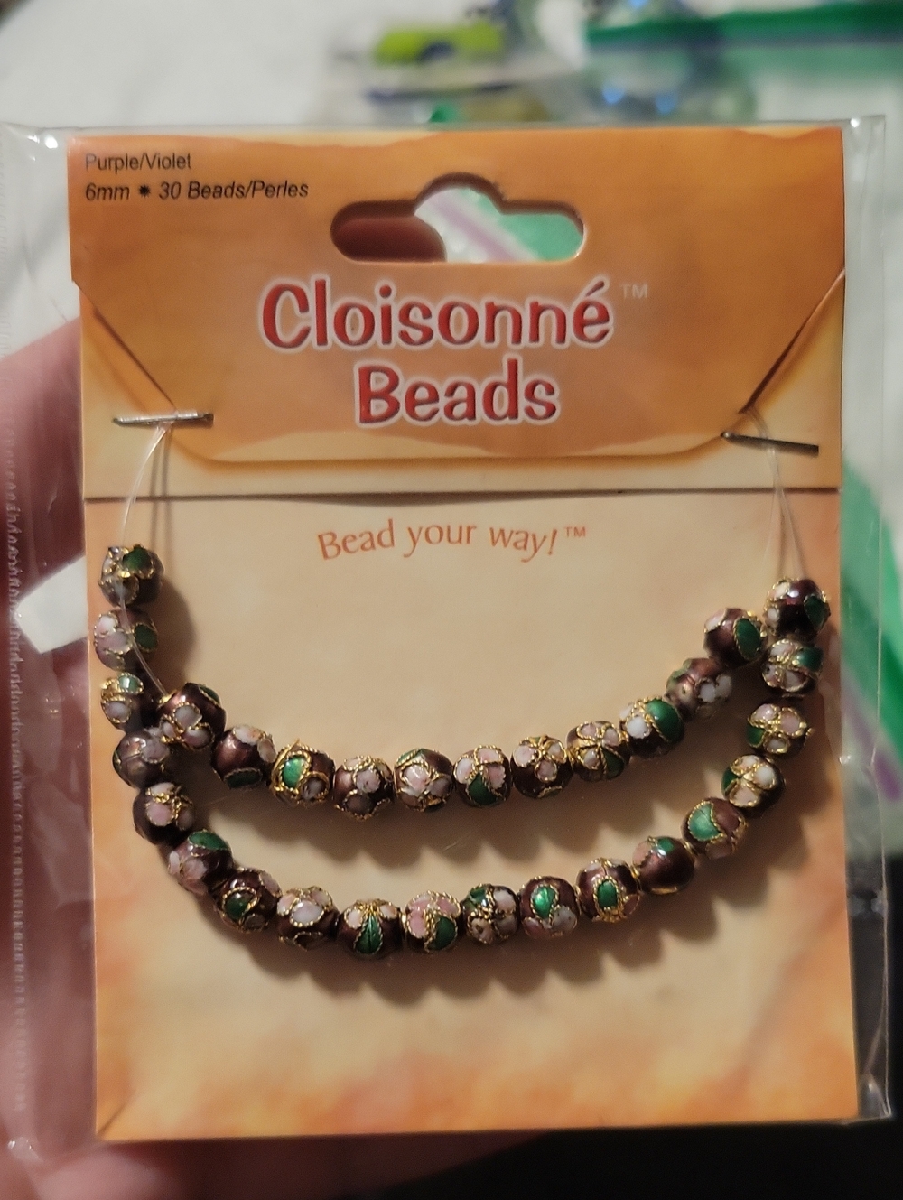 Cloisonné Floral Bead Strand - Purple/Violet, Multicolor 3D Floral, 6mm, NWT